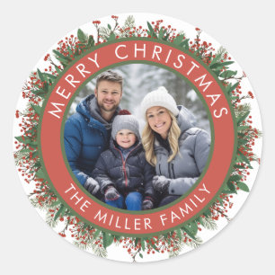 Familienfoto-Weihnachtskranz Rot Grün Modern Runder Aufkleber