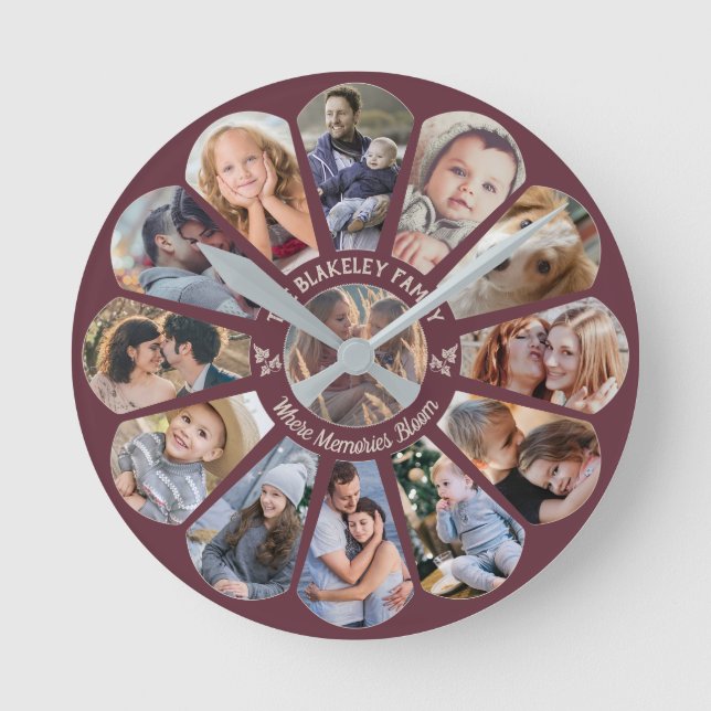 Familienfotocollage Burgundy - benutzerdefinierte  Runde Wanduhr (Vorderseite)