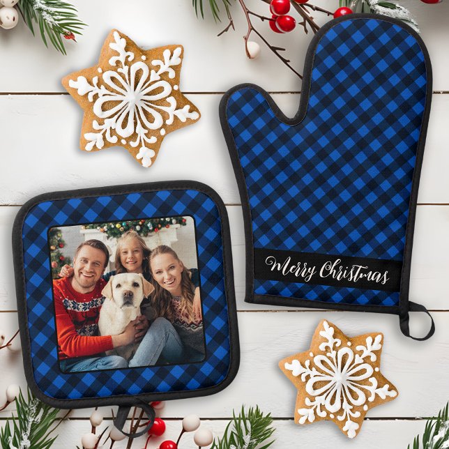 FamilienfotoPersonalisierte Weihnachtsblauen Karie Ofenhandschuh & Topflappen-Set (Von Creator hochgeladen)