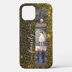 Familienfotos Foto-Collage Gold Schwarz Glitter iPhone 12 Hülle