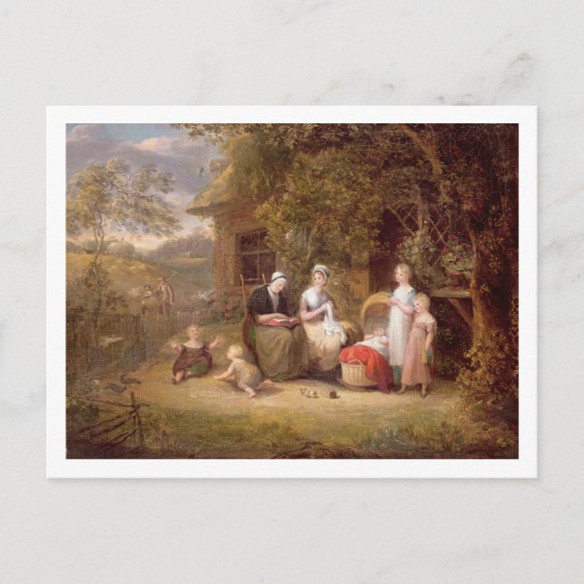 Familiengruppe vor einer Hütte (Öldose Postkarte (Vorderseite)