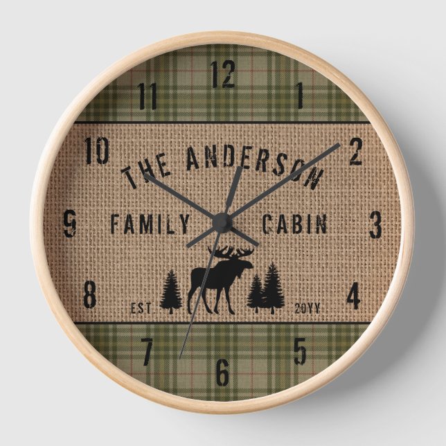 Familienhaus Moose Pine Green Kariert Burlap Uhr (Vorderseite)