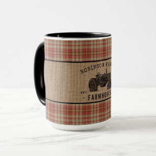 Familienhaus Tractor Red Kariert Burlap Big Tasse