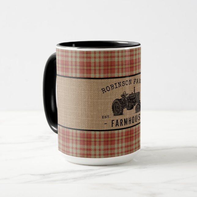 Familienhaus Tractor Red Kariert Burlap Big Tasse (Vorderseite Links)