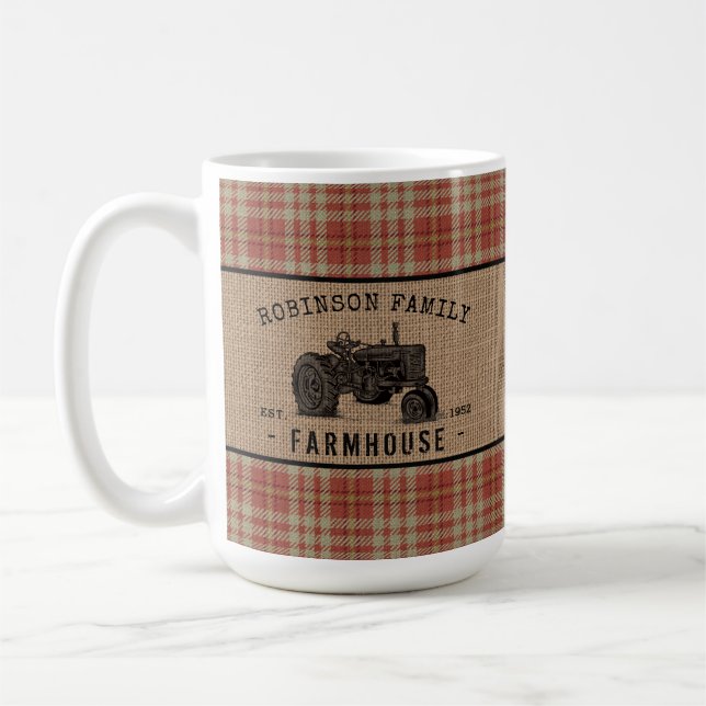 Familienhaus Tractor Red Kariert Burlap Large Kaffeetasse (Links)
