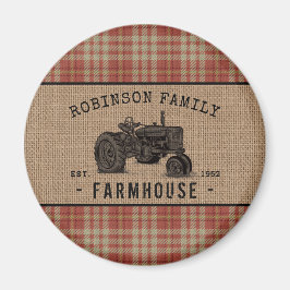 Familienhaus Tractor Red Kariert Burlap Round Magnet