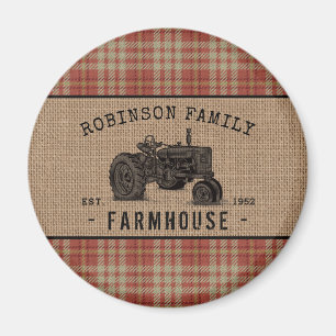 Familienhaus Tractor Red Kariert Burlap Round Magnet