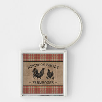 Familienhaus Vintag Red Kariert Burlap Square Schlüsselanhänger