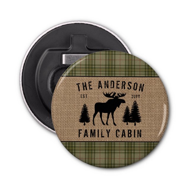 Familienkabine Moose Pine Green Kariert Burlap But Flaschenöffner (Vorderseite)