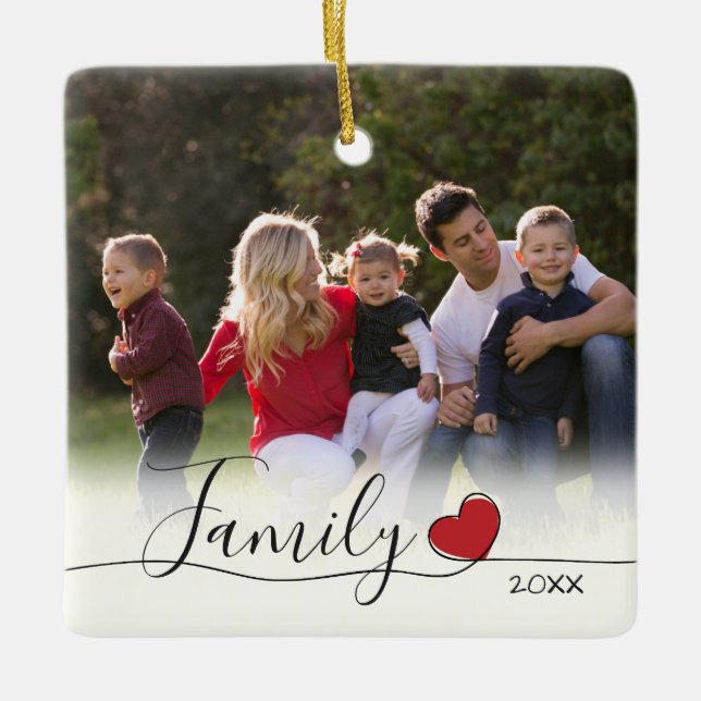 Familienkalligraphie Herzstück Foto Weihnachten Keramikornament (Vorderseite)