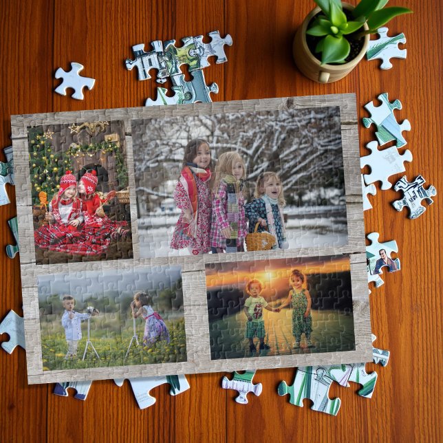 Familienkollektion 4 Fotos aus rustikalem Holz Puzzle (Family collage 4 photos on rustic wood jigsaw puzzle. Very unique family puzzle, great fun !)