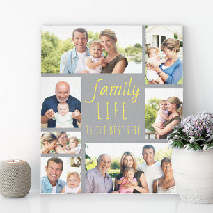 Familienleben Zitat 7 Foto-Collage Grau und Gelb Leinwanddruck
