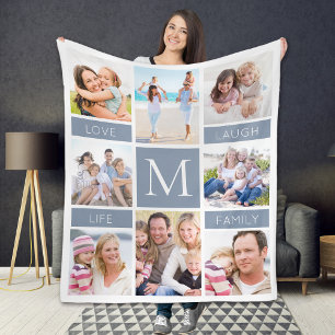 Familienmonogramm-Fotocollage Dusty Blue Fleecedecke