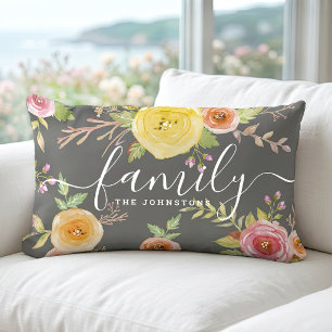 Familienmonogramm grau gelbe florale Wasserfarbe c Lendenkissen