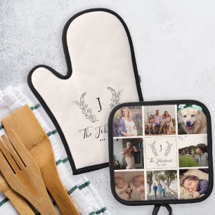 Familienmonogramm Name Multi-Fotocollage weiß Ofenhandschuh & Topflappen-Set