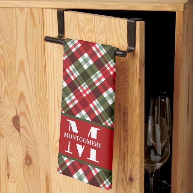 Familienmonogramm Weihnachtskariert Geschirrtuch (Drittel gefaltet)