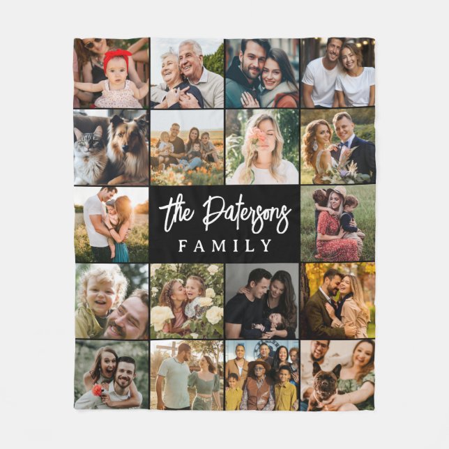 Familienname 18 Foto Collage Moderne Elegante Schw Fleecedecke (Vorderseite)