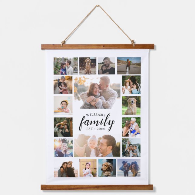 Familienname 18 Foto Collage Wood Wall Tapestry Wandteppich Mit Holzrahmen (Vorderseite)