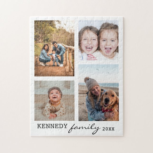 Familienname 4 Foto Collage White Puzzle (Vertikal)