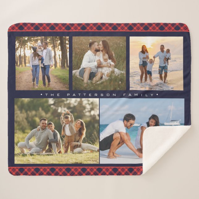 Familienname 5 FotoCollage Rot Kariert Moderne Sherpadecke (Vorderseite (Horizontal))
