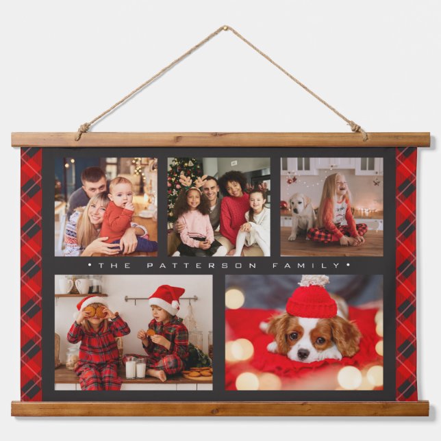 Familienname 5 FotoCollage Rot Kariert Moderne Wandteppich Mit Holzrahmen (Vorne)