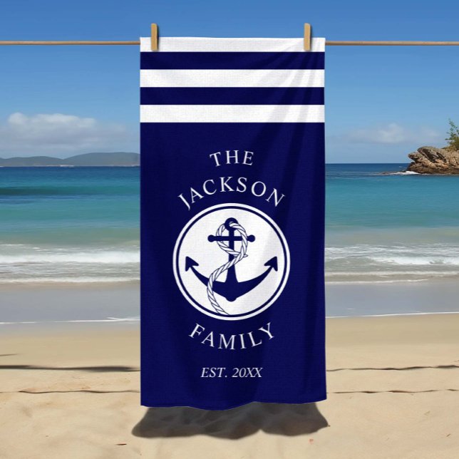 Familienname Ankerstreifen für Schiffe Strandtuch (Custom Family Name Nautical Ship Anchor Stripes Beach Towel)