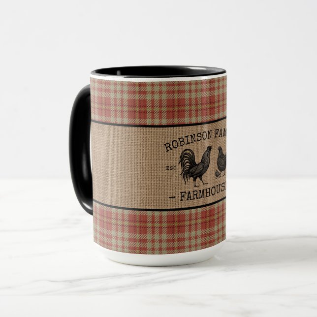 Familienname Bauernhof Vintag Red Kariert Burlap B Tasse (Vorderseite Links)