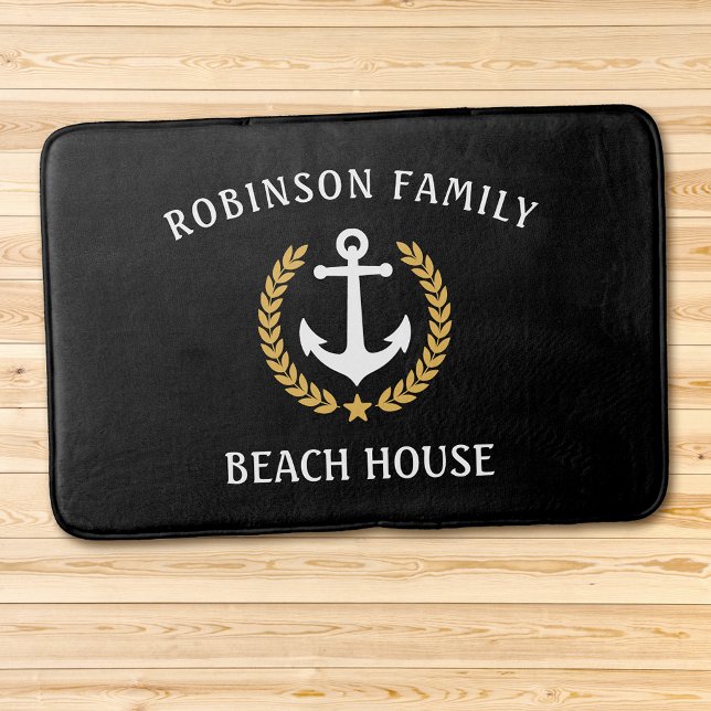 Familienname Beach House Anchor Gold Laurel Black Badematte (Several sizes to choose from.)