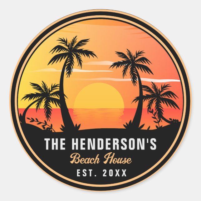 Familienname Beach House Retro Sunset Souvenirs 60 Runder Aufkleber (Vorderseite)