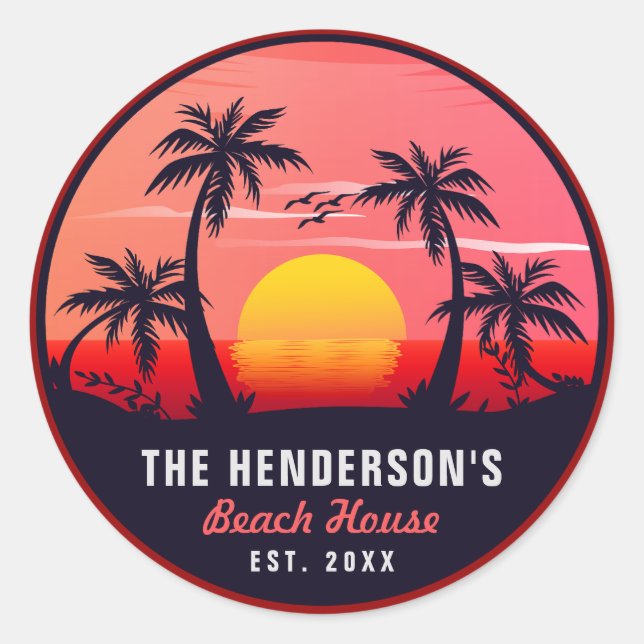 Familienname Beach House Retro Sunset Souvenirs 60 Runder Aufkleber (Vorderseite)
