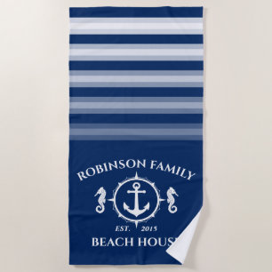 Familienname Beach House Seepferd Anchor Navy Blue Strandtuch