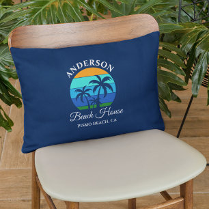 Familienname Beach House Sun Palm Trees Blue Dekokissen