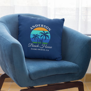 Familienname Beach House Sun Palm Trees Blue Kissen