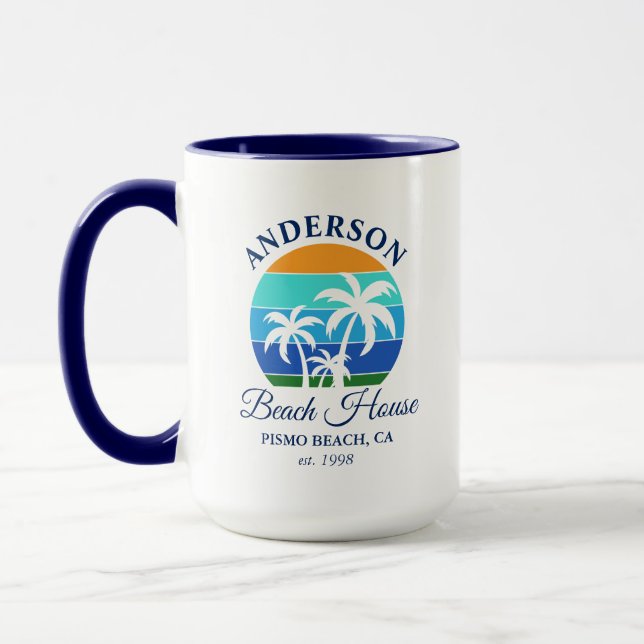 Familienname Beach House Sun Palm Trees Blue Large Tasse (Links)