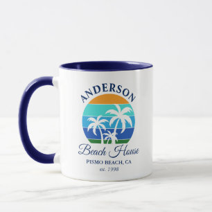 Familienname Beach House Sun Palm Trees Blue Tasse