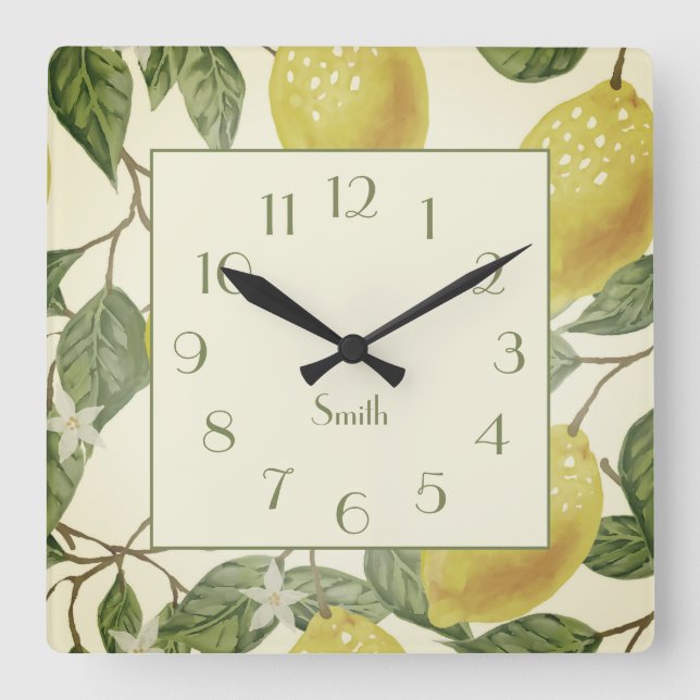 Familienname Botanischer Vintager Gelbklumpen Quadratische Wanduhr (Vorderseite)