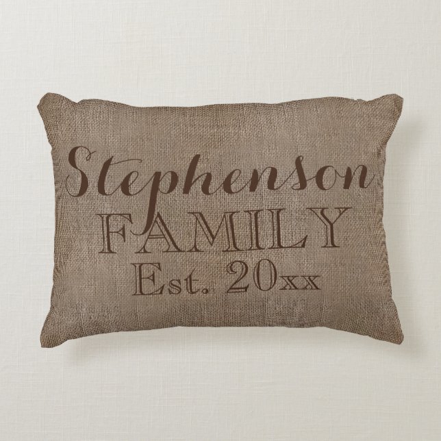 Familienname Burlap Rustic Dekokissen (Vorderseite)