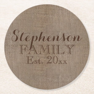 Familienname Burlap Rustic Runder Pappuntersetzer