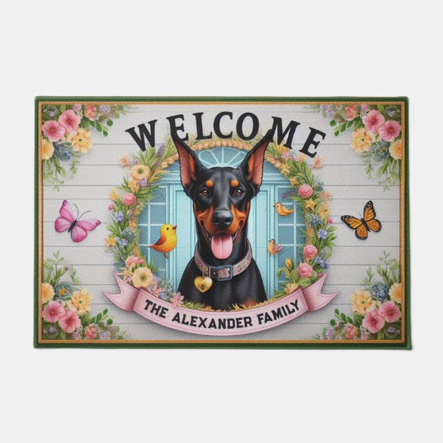 Familienname Doberman Pincher Dog Floral Willkomme Fußmatte (Vorderseite)