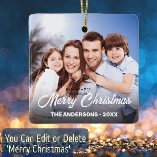 Familienname Elegant Script Frohe Weihnachten Foto Keramikornament