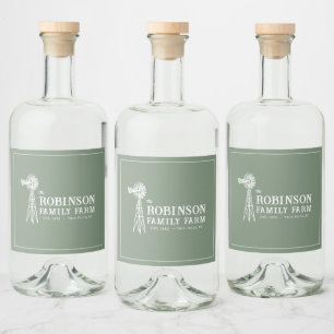 Familienname Farm Rustic Windmill Sage Green Alkoholflaschenetikett