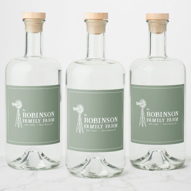 Familienname Farm Rustic Windmill Sage Green Alkoholflaschenetikett (Flaschen)