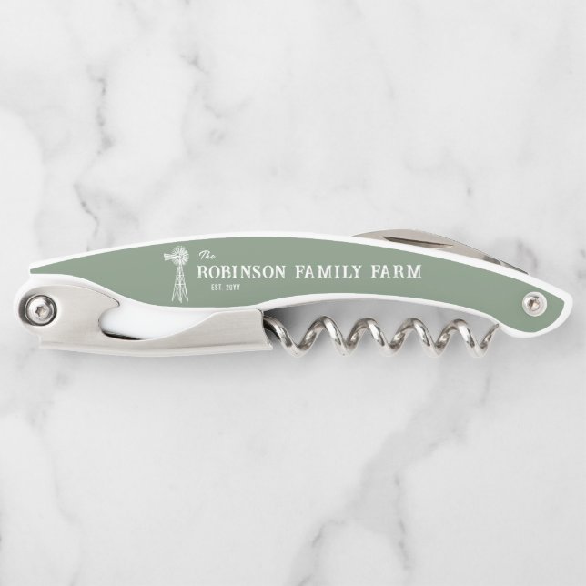 Familienname Farm Rustic Windmill Sage Green Kellnermesser (Vorderseite)