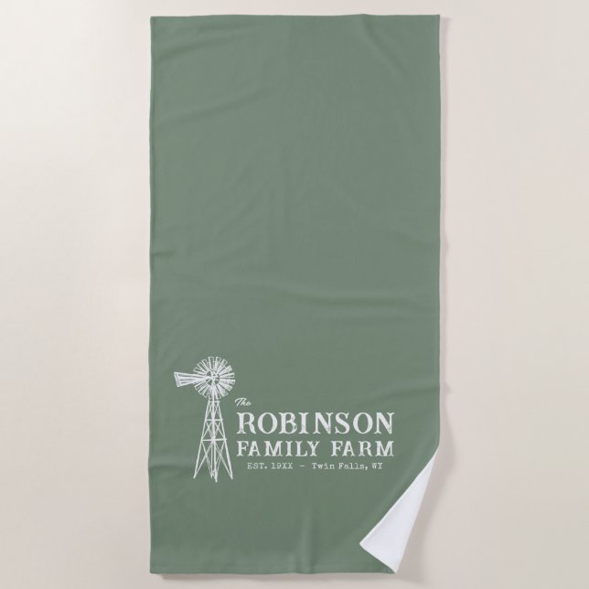 Familienname Farm Rustic Windmill Sage Green Strandtuch (Vorderseite)