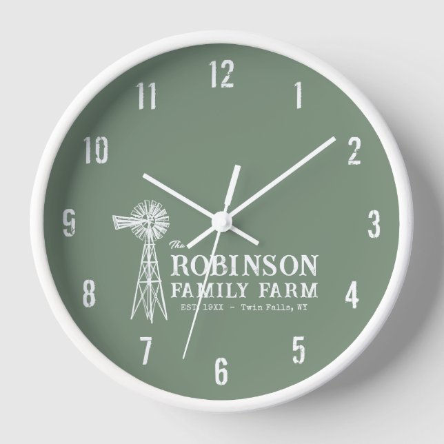 Familienname Farm Rustic Windmill Sage Green Uhr (Vorderseite)