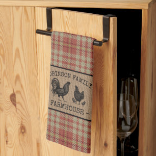 Familienname Farmhaus Vintage Rot Kariert Jute Geschirrtuch