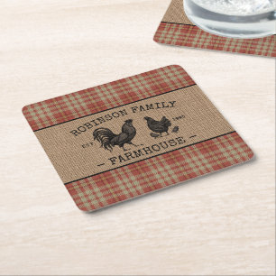 Familienname Farmhouse Vintage-Rotkariert Jute Rechteckiger Pappuntersetzer
