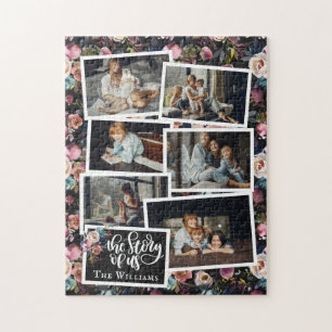 Familienname Foto-Collage   Floral auf Schwarz Puzzle