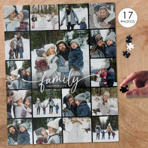 Familienname Foto-Collage Moderne Schrift 17 Fotos Puzzle