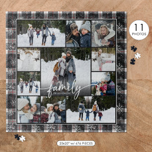 Familienname Foto-Collage Winter Karo Schneeflocke Puzzle